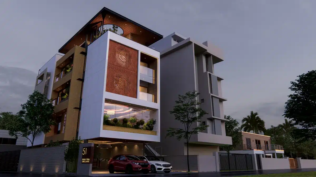 Construction companies in Trivandrum, commercial building facade by Rzianz Infrastructures