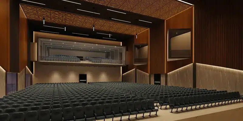 Convention hall interior with seating, Kazhakkoottam Trivandrum, fitted out by Rzianz Infrastructures