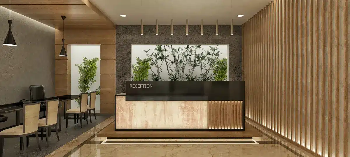 Hotel reception interior, Kerala, designed by Rzianz Infrastructures