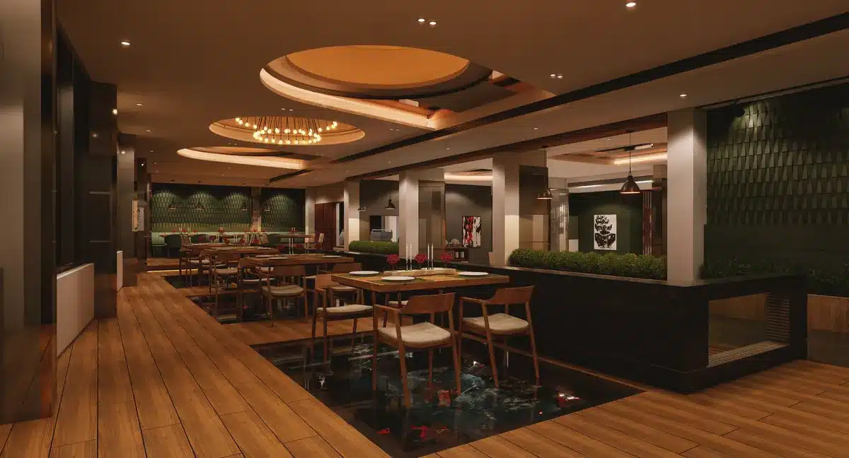 Hotel restaurant and banquet dining interior, Trivandrum, designed and built by Rzianz Infrastructures