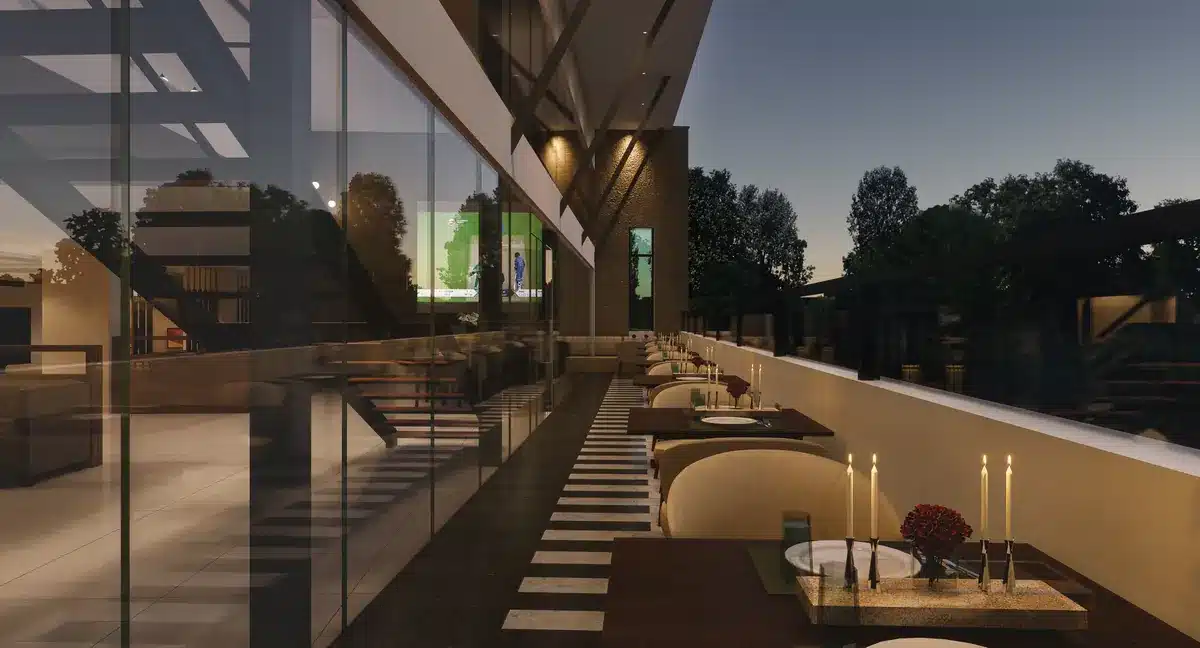 Rooftop hotel bar interior, Trivandrum, designed by Rzianz Infrastructures