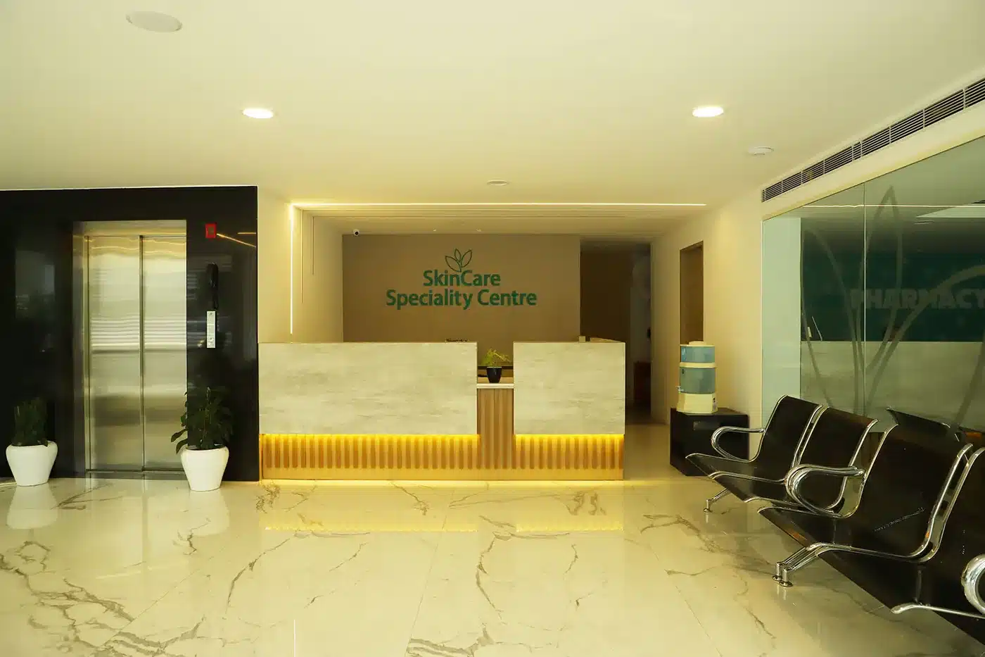 Skincare clinic reception interior, Trivandrum, fitted out by Rzianz Infrastructures