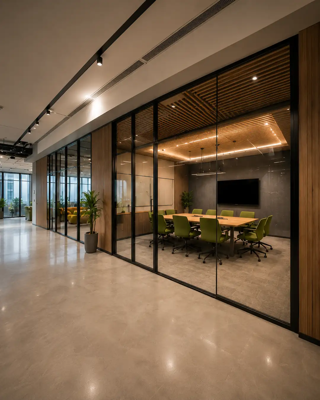 Glass-walled boardroom and office cabins interior, Trivandrum, designed by Rzianz Infrastructures