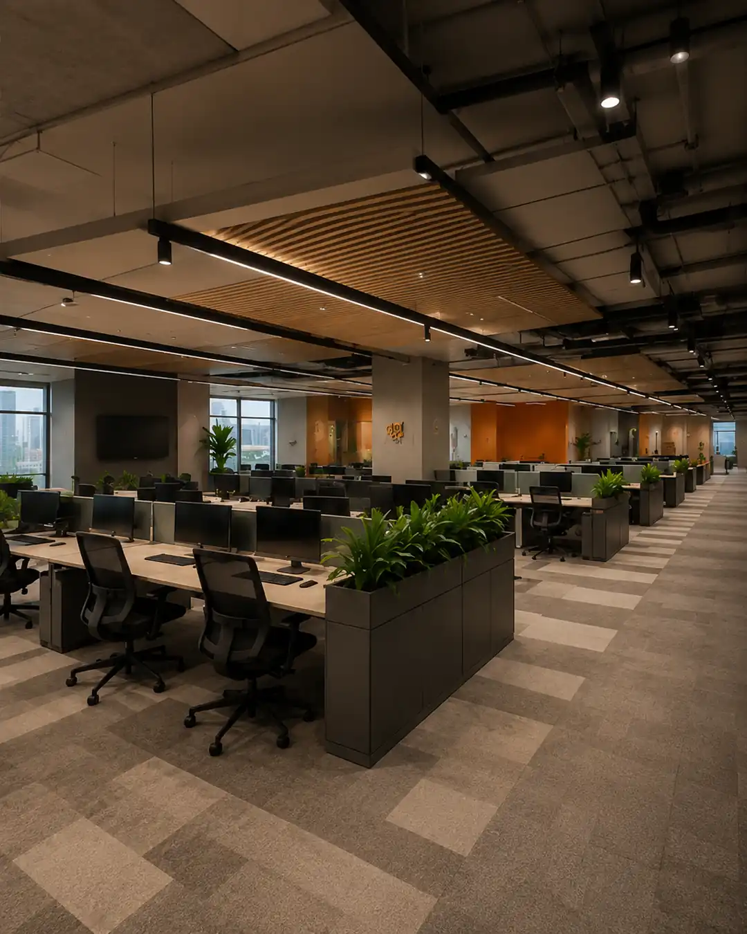 Finished open-plan corporate office fit-out, Trivandrum, by Rzianz Infrastructures