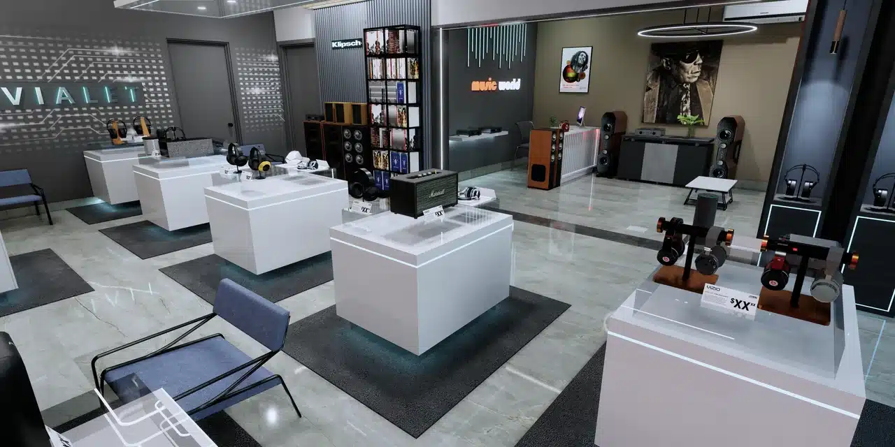 Audio showroom retail interior, Trivandrum, designed and built by Rzianz Infrastructures