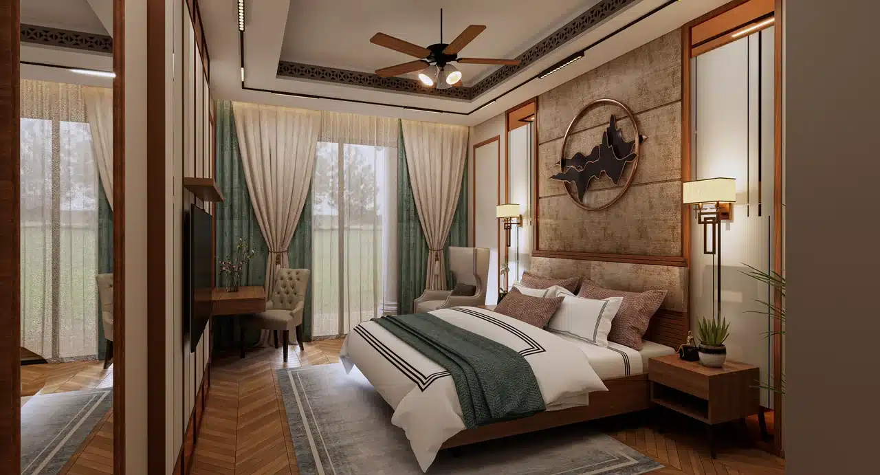 Beach resort bedroom interior, Kerala, designed and built by Rzianz Infrastructures