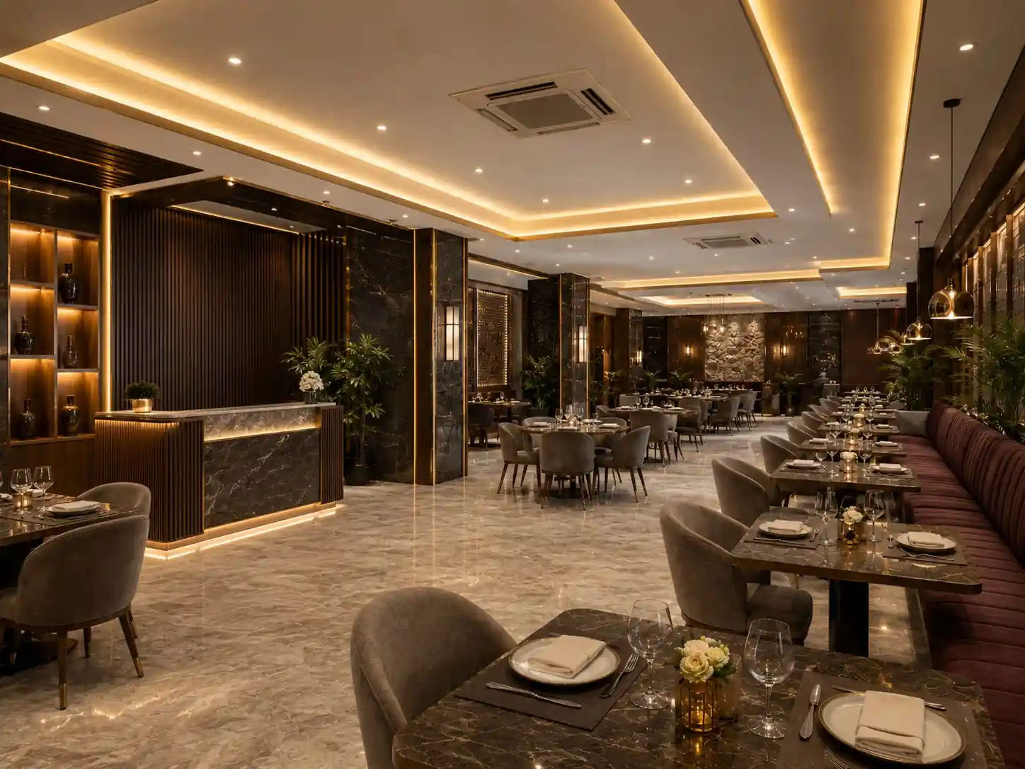 Fine-dining restaurant interior, Trivandrum, by Rzianz Infrastructures