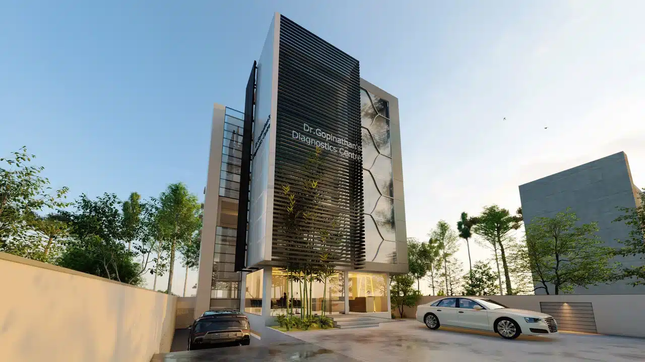 Diagnostics and healthcare facility exterior, Trivandrum, designed and built by Rzianz Infrastructures