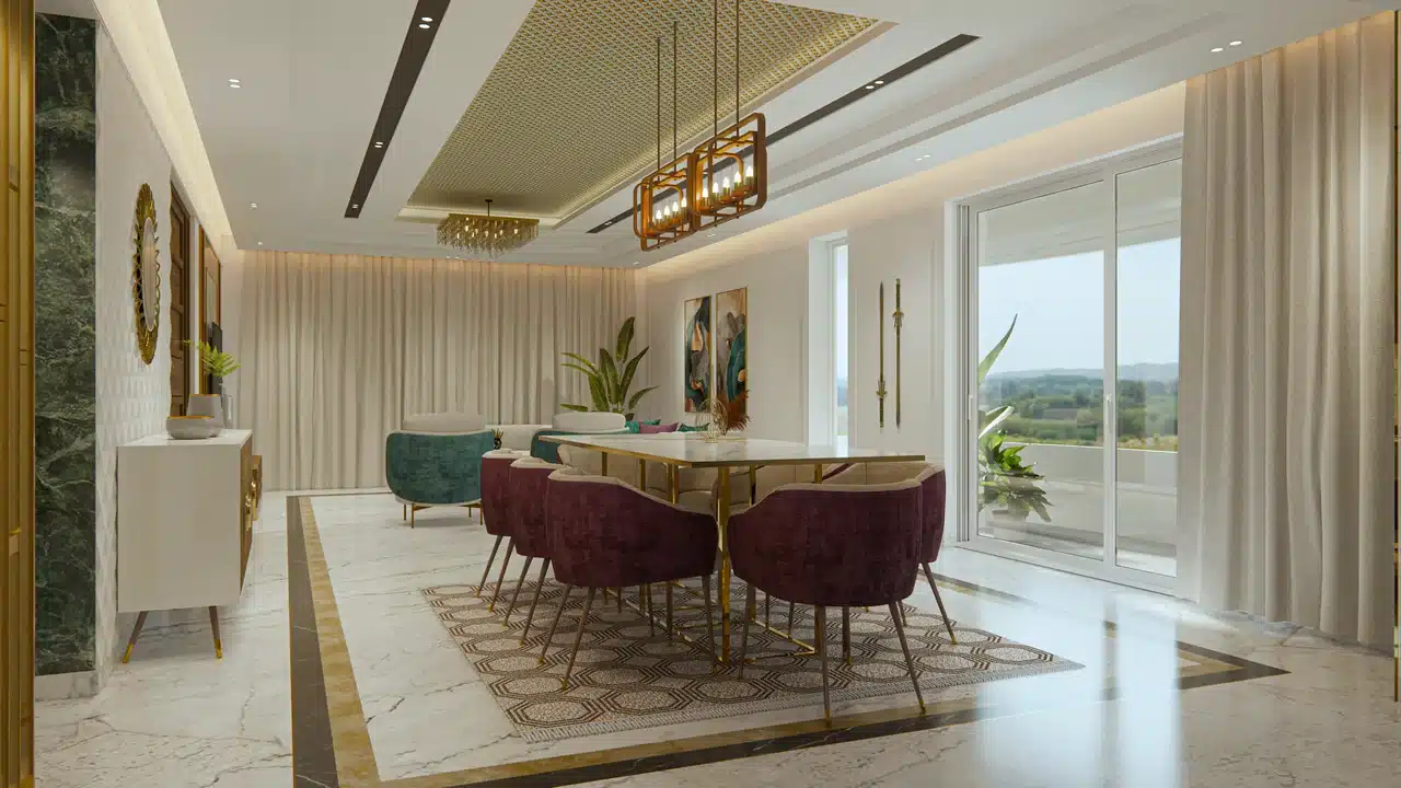 Didask luxury living and dining interior, Trivandrum, designed and built by Rzianz Infrastructures