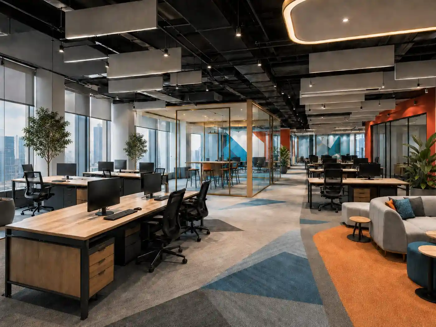 Corporate office interior with glass cabins and city view, Trivandrum, by Rzianz Infrastructures