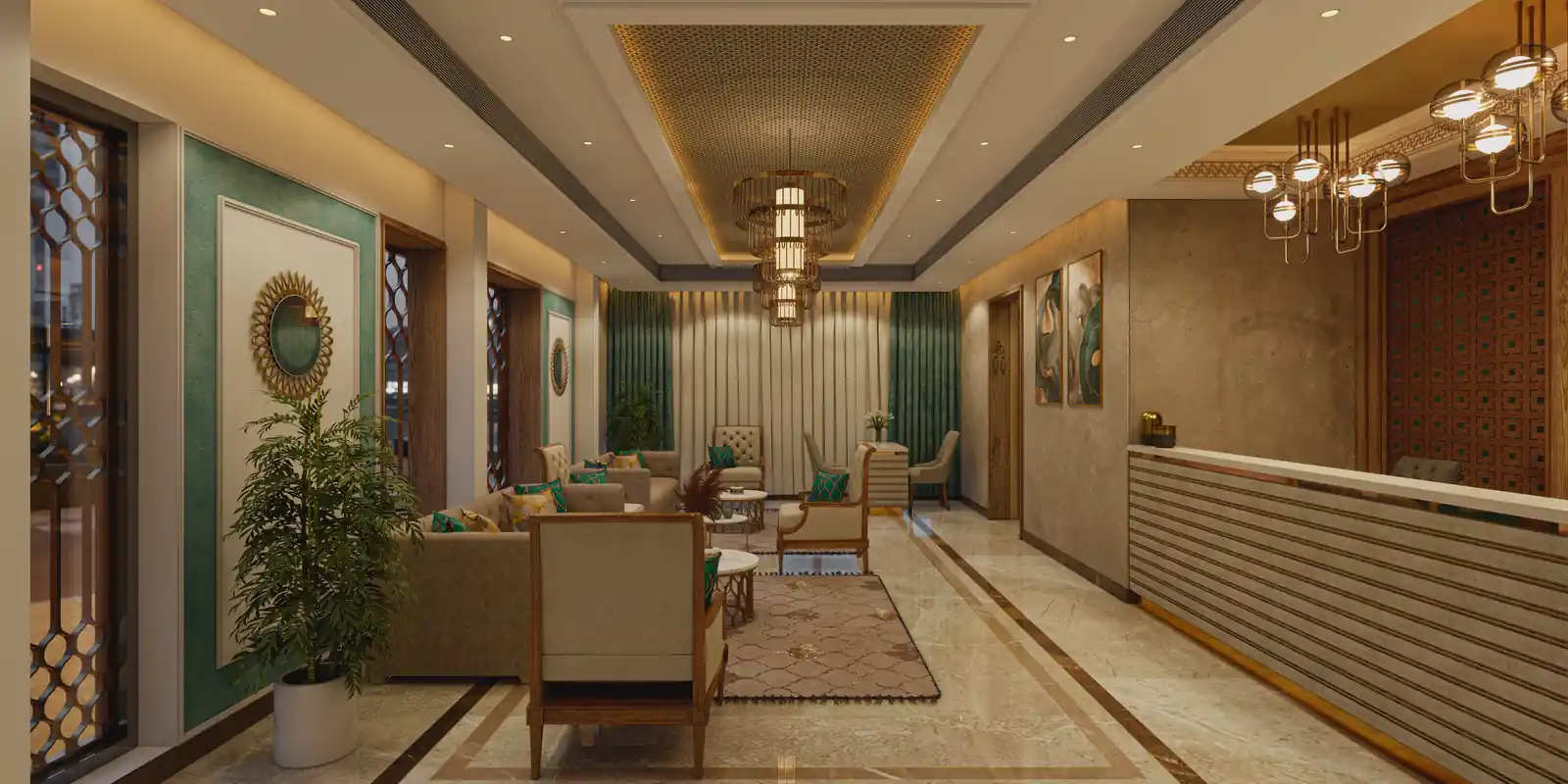 Hotel lobby lounge interior, Ernakulam, by Rzianz Infrastructures