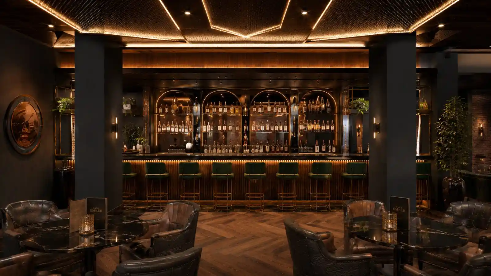 Cocktail bar and lounge with lit back-bar counter, Trivandrum, designed and built by Rzianz Infrastructures