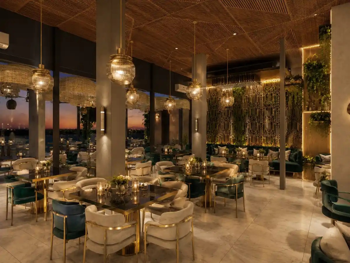 Rooftop restaurant interior at sunset, Ernakulam, by Rzianz Infrastructures