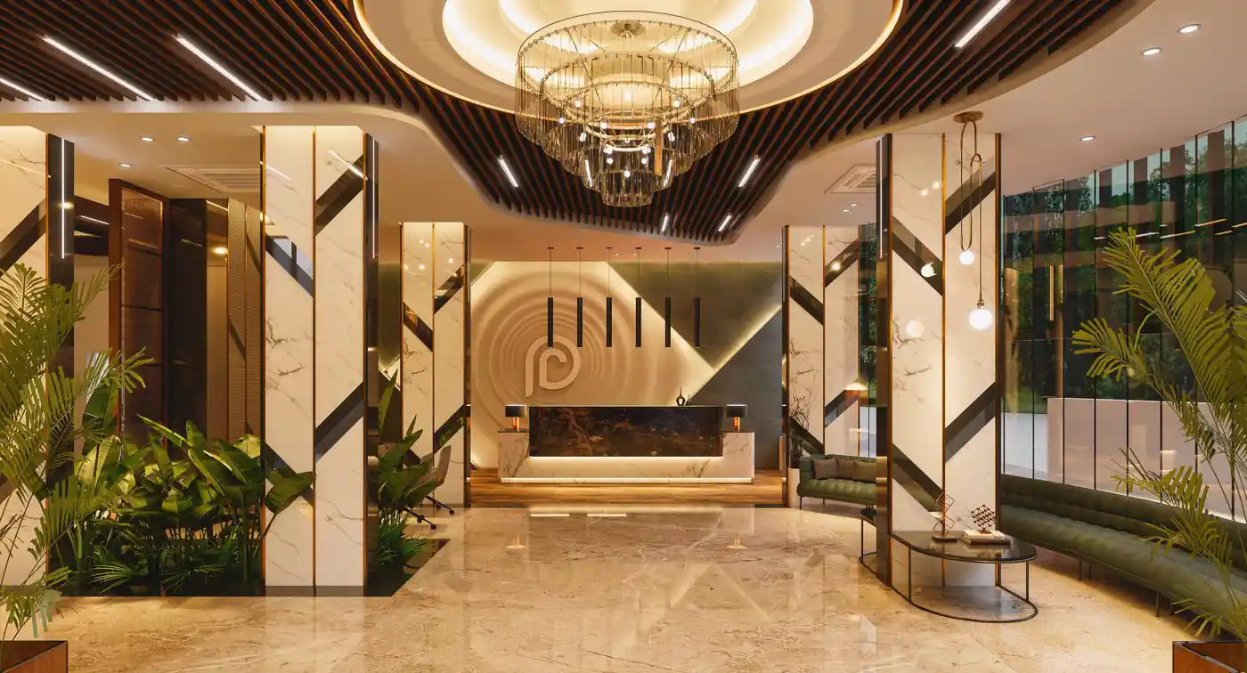 Grand hotel reception lobby interior, Kerala, by Rzianz Infrastructures