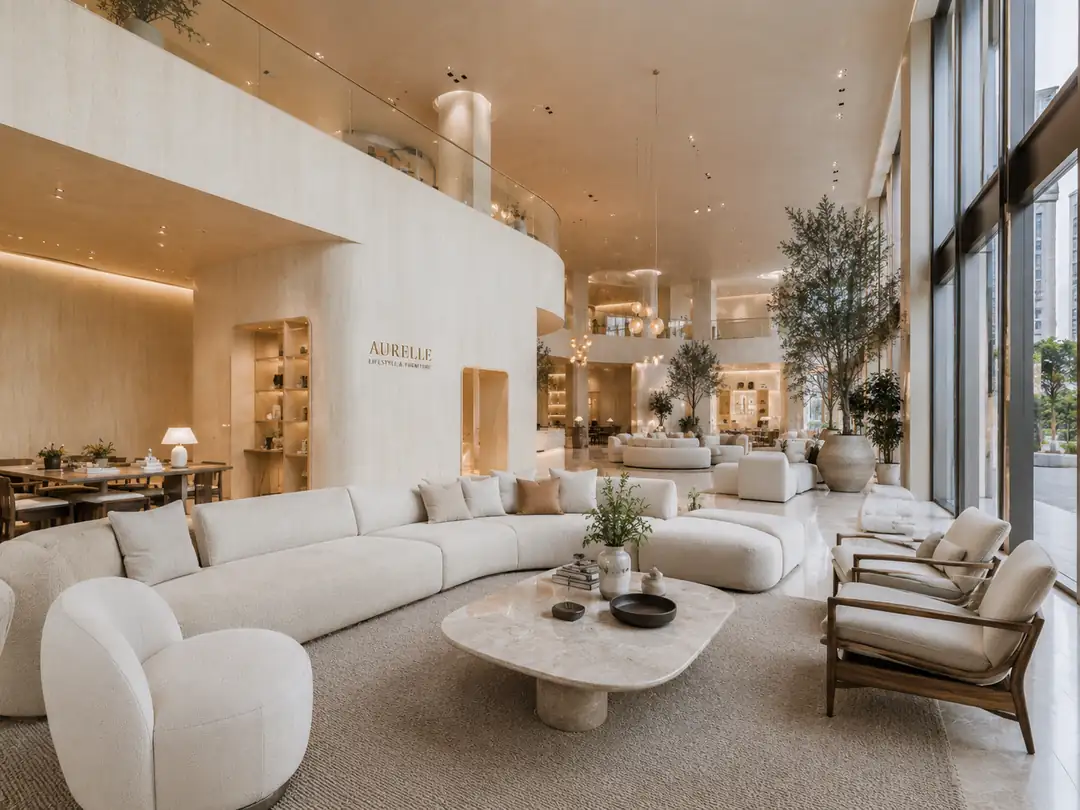 Furniture showroom living-room display with a curved sofa, a stone coffee table and full-height glazing, Kerala, interior by Rzianz Infrastructures