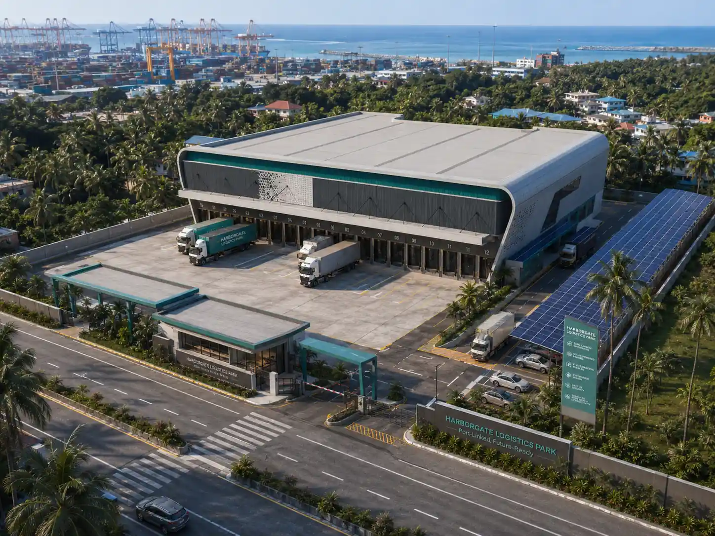 Port-linked logistics facility, aerial view