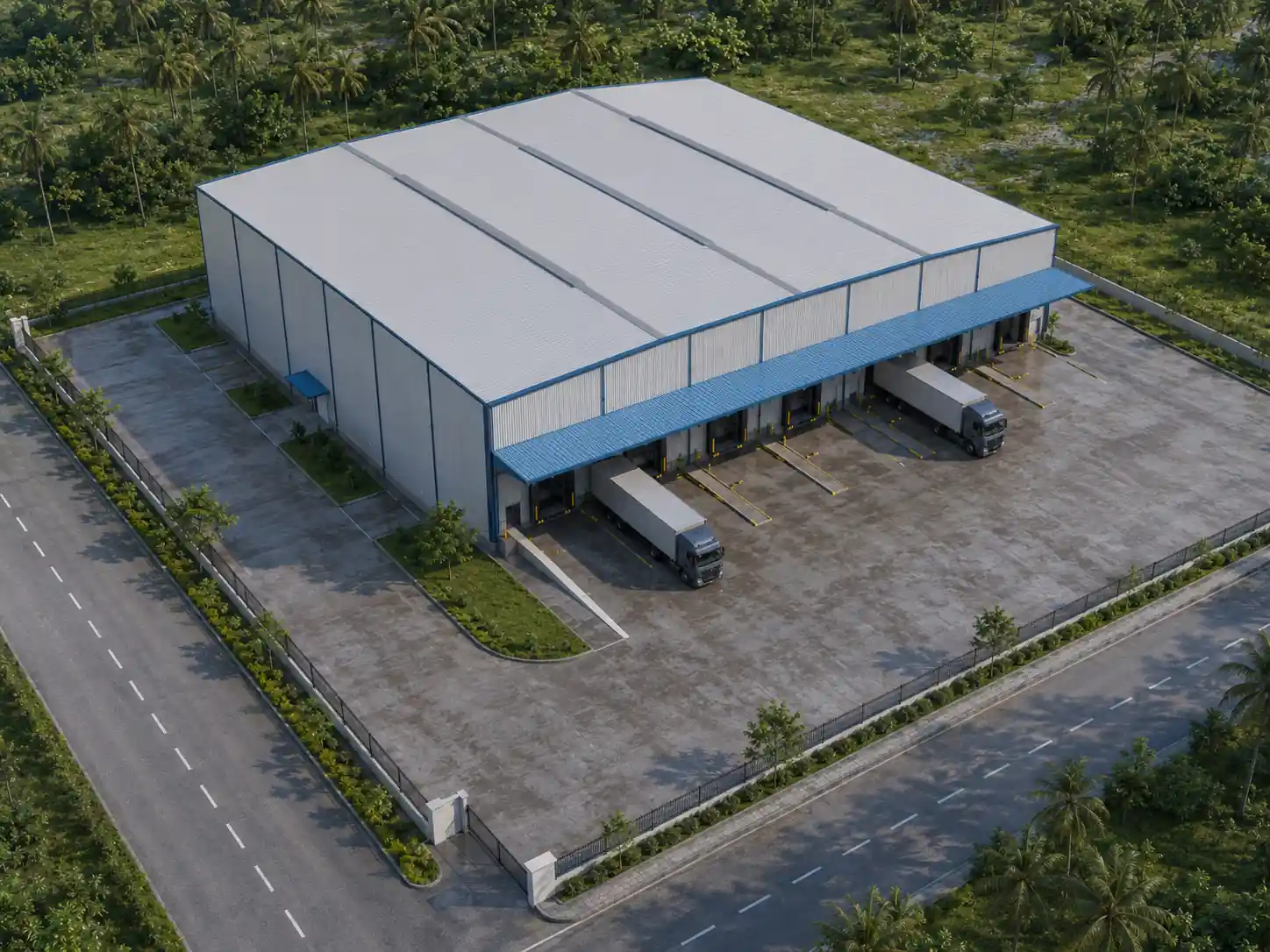 Industrial warehouse design, aerial view