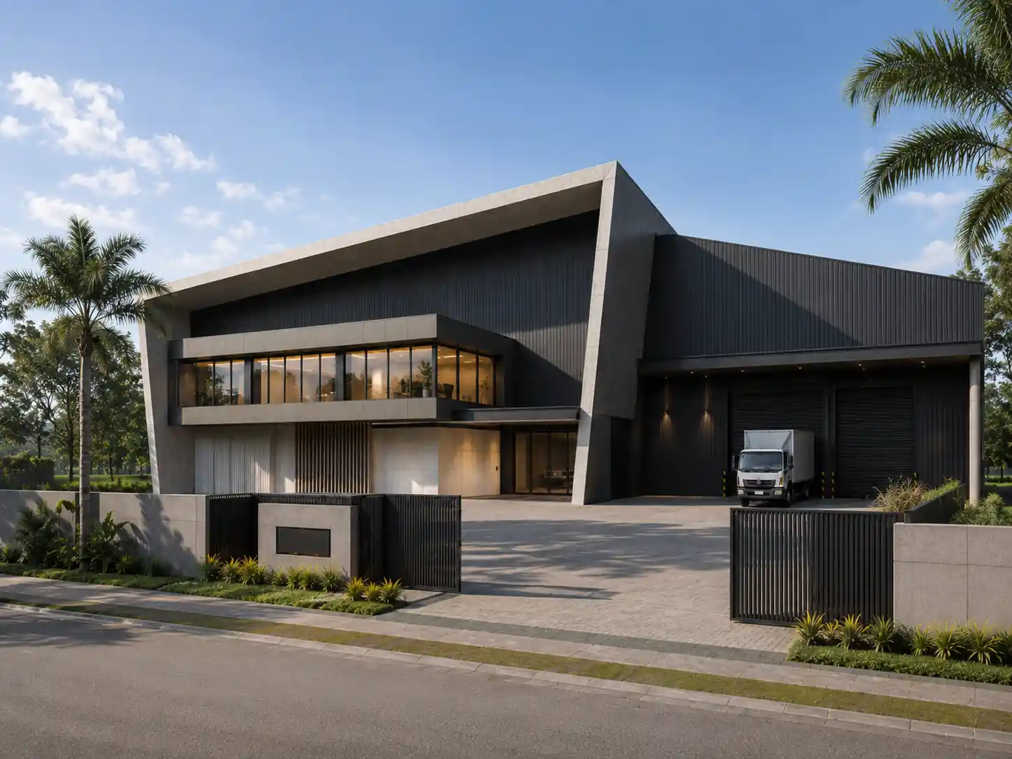 Industrial warehouse construction, front elevation