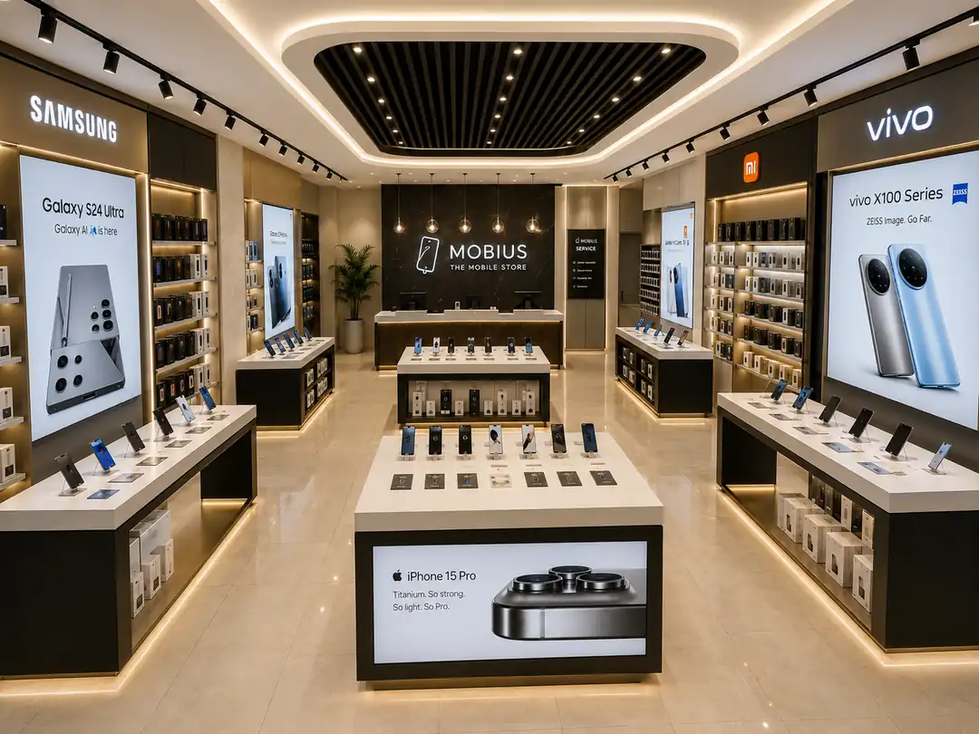 Mobile phone store interior with lit brand display walls, island counters and a cove-lit ceiling, Kerala, interior by Rzianz Infrastructures