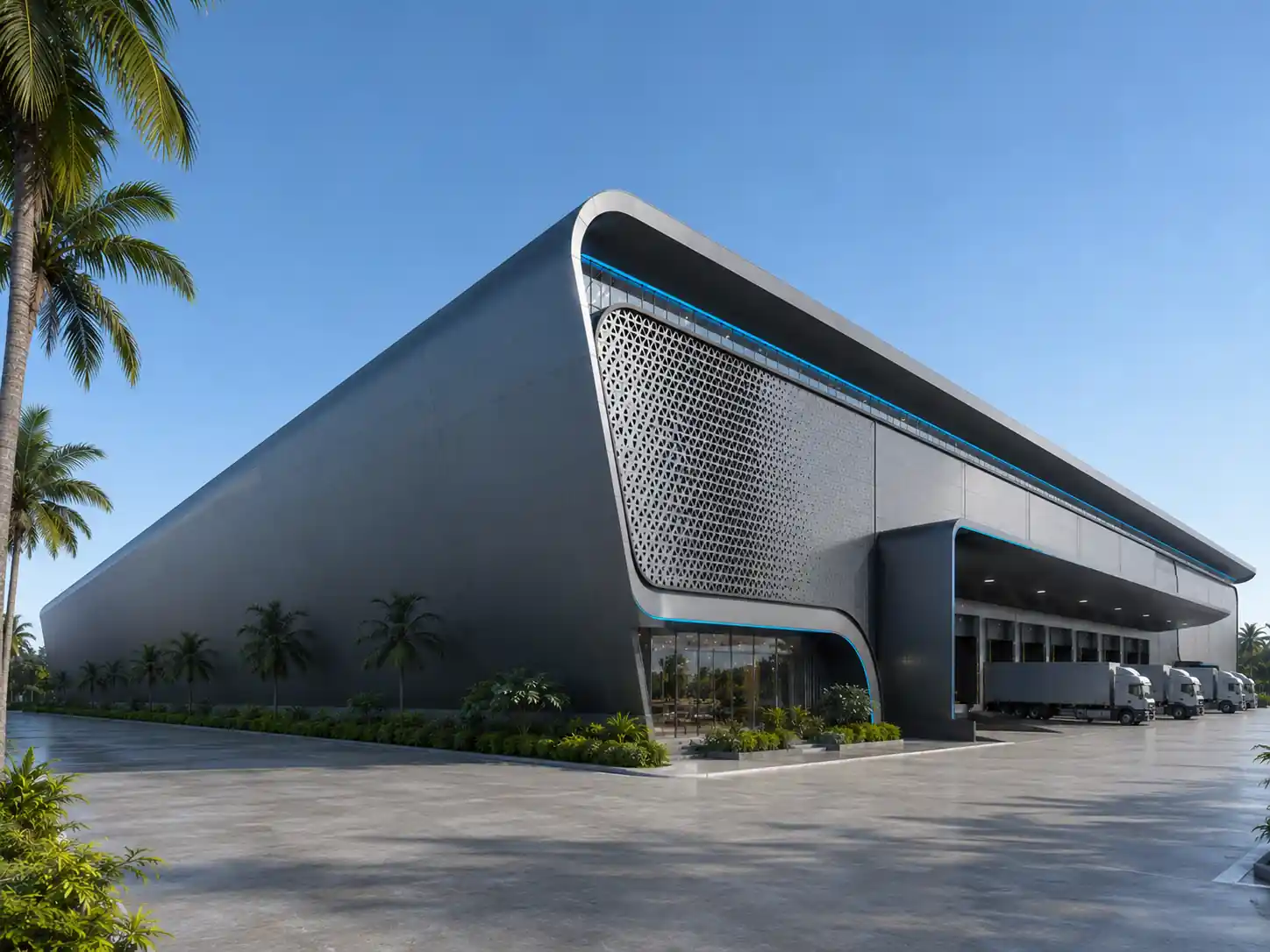 Modern warehouse facility, corner view