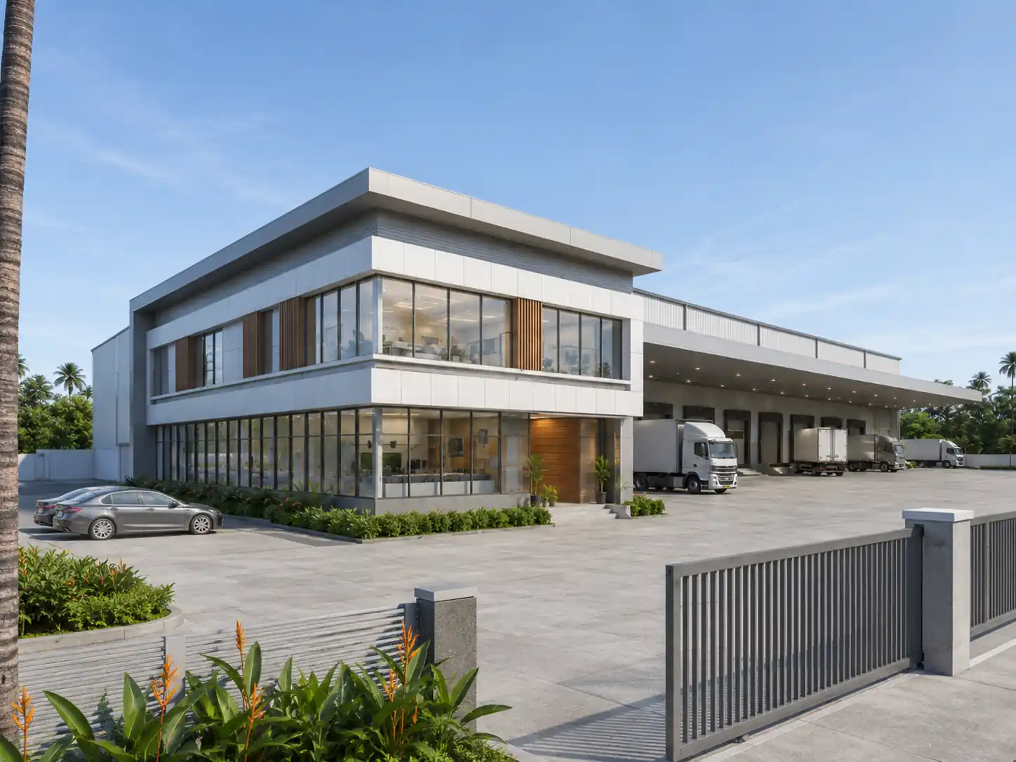 Prefabricated warehouse facility, office entrance view