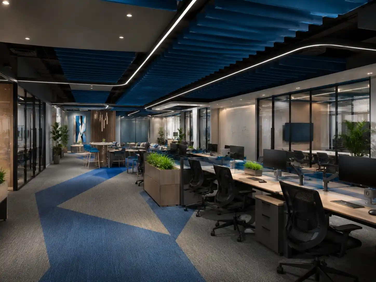 Collaborative office workspace with glass cabins, Kerala, designed and built by Rzianz Infrastructures
