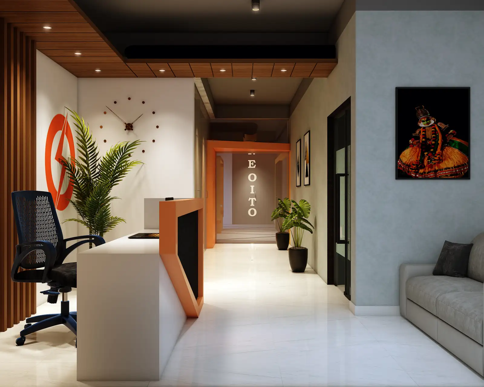 Office reception interior, Pattom, Trivandrum, designed and built by Rzianz Infrastructures