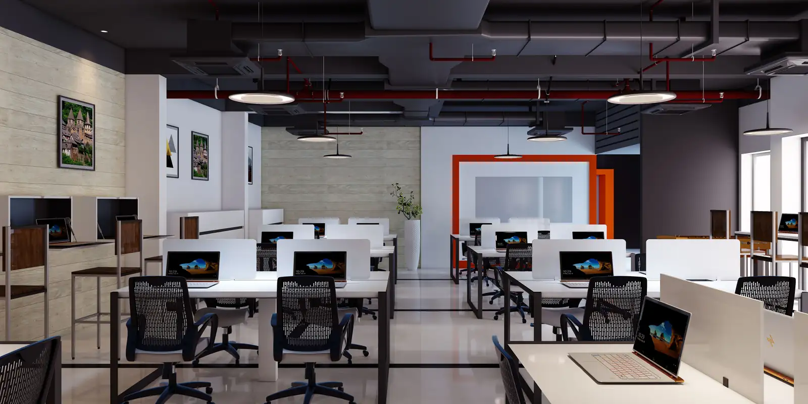 Bright open-plan office workspace, Pattom, Trivandrum, designed and built by Rzianz Infrastructures