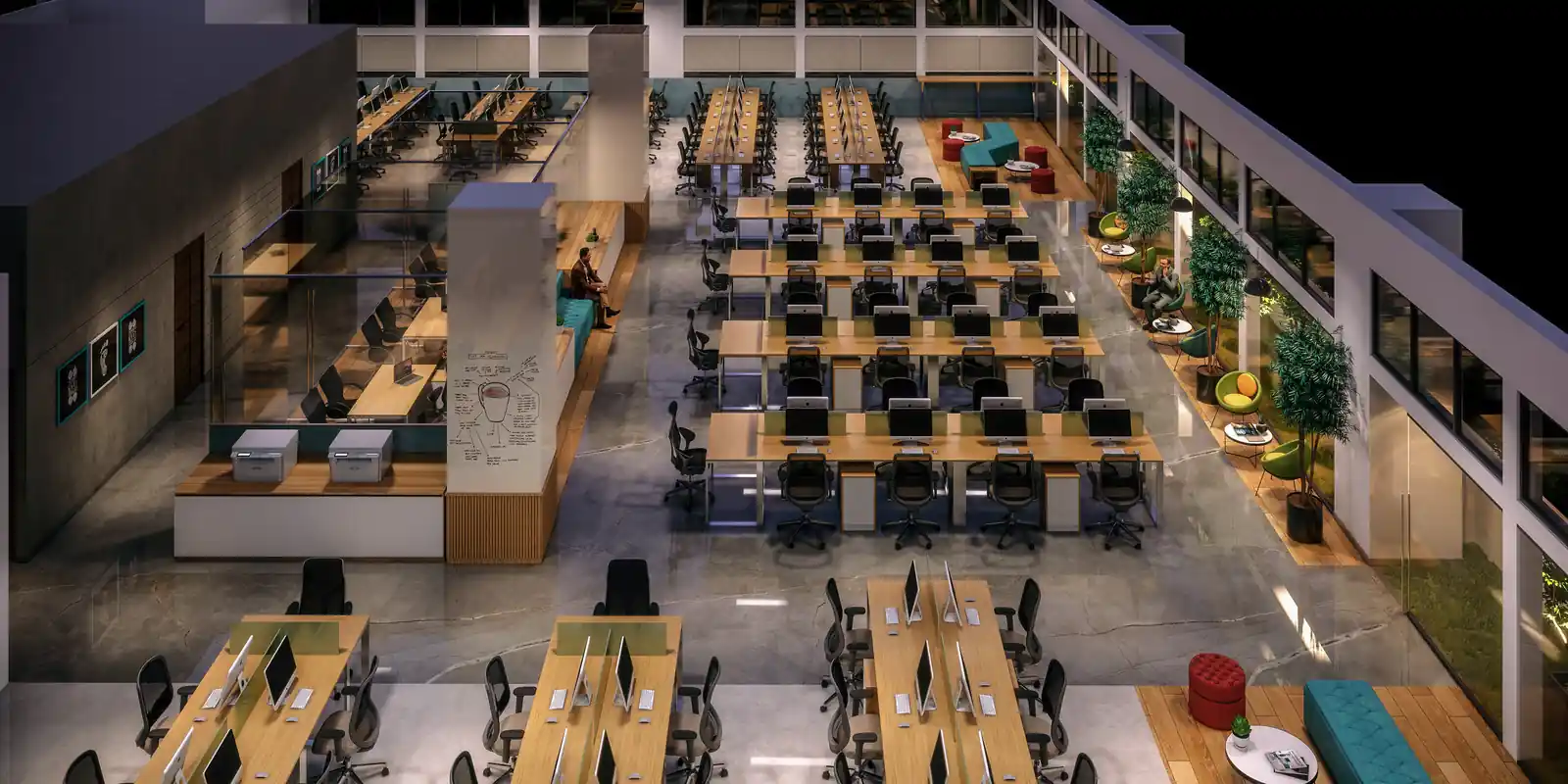 Open-plan IT office interior with rows of workstations, Technopark, Trivandrum, designed and built by Rzianz Infrastructures