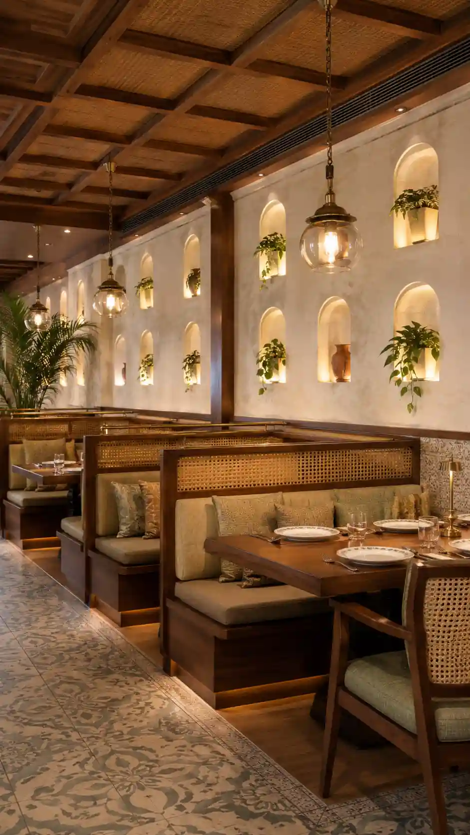 Restaurant booth seating with custom joinery and arched niche lighting, Trivandrum, by Rzianz Infrastructures