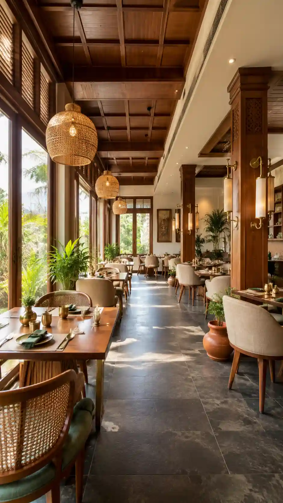 Garden restaurant interior with cane seating and greenery, Trivandrum, by Rzianz Infrastructures