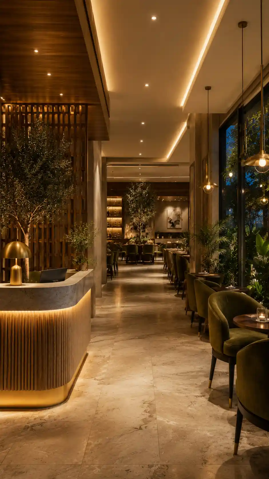 Fine dining restaurant interior at dusk, city centre Trivandrum, by Rzianz Infrastructures