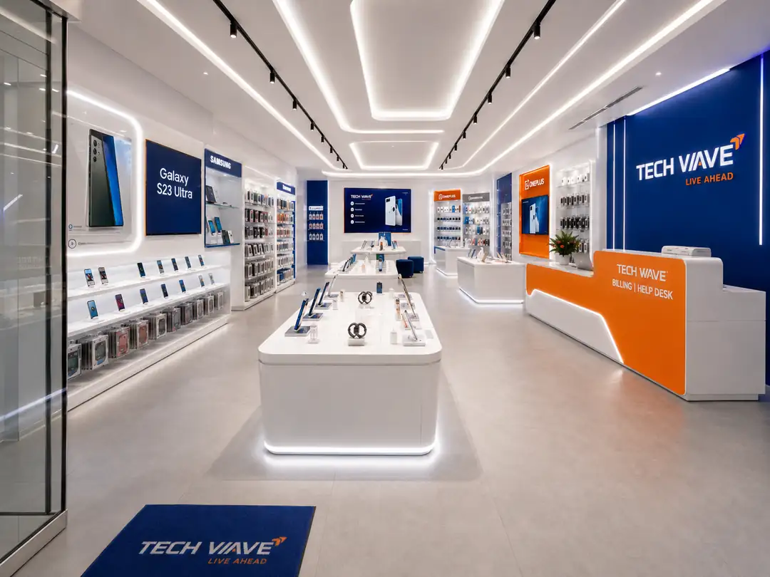 Mobile accessories store entrance with a glass storefront, a blue brand wall and lit display counters, Kerala, interior by Rzianz Infrastructures