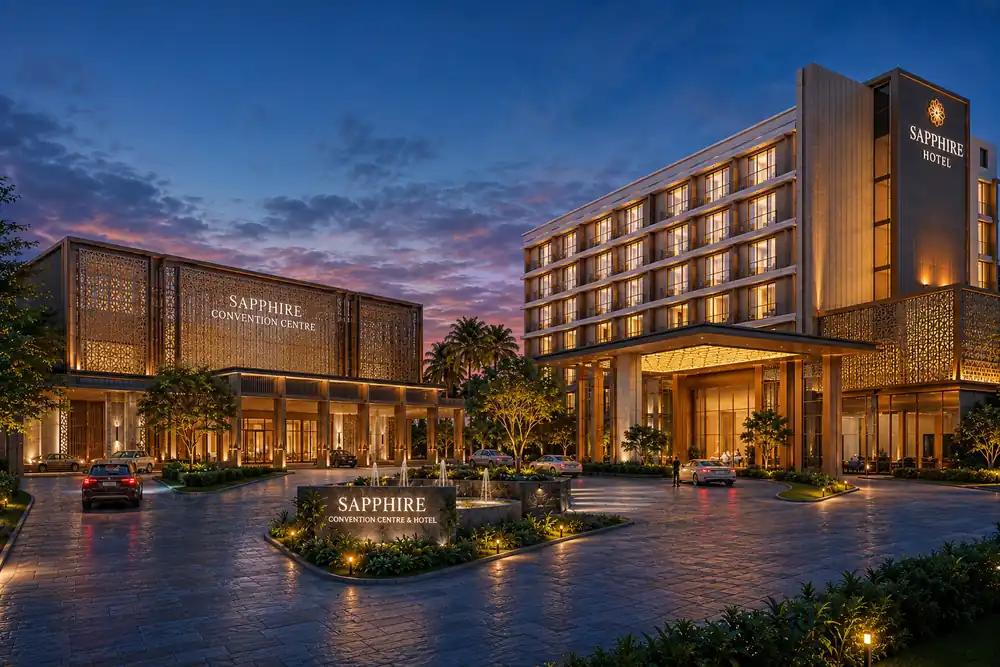 Hotel and convention centre lit at dusk with a landscaped arrival court in Kerala, by Rzianz Infrastructures
